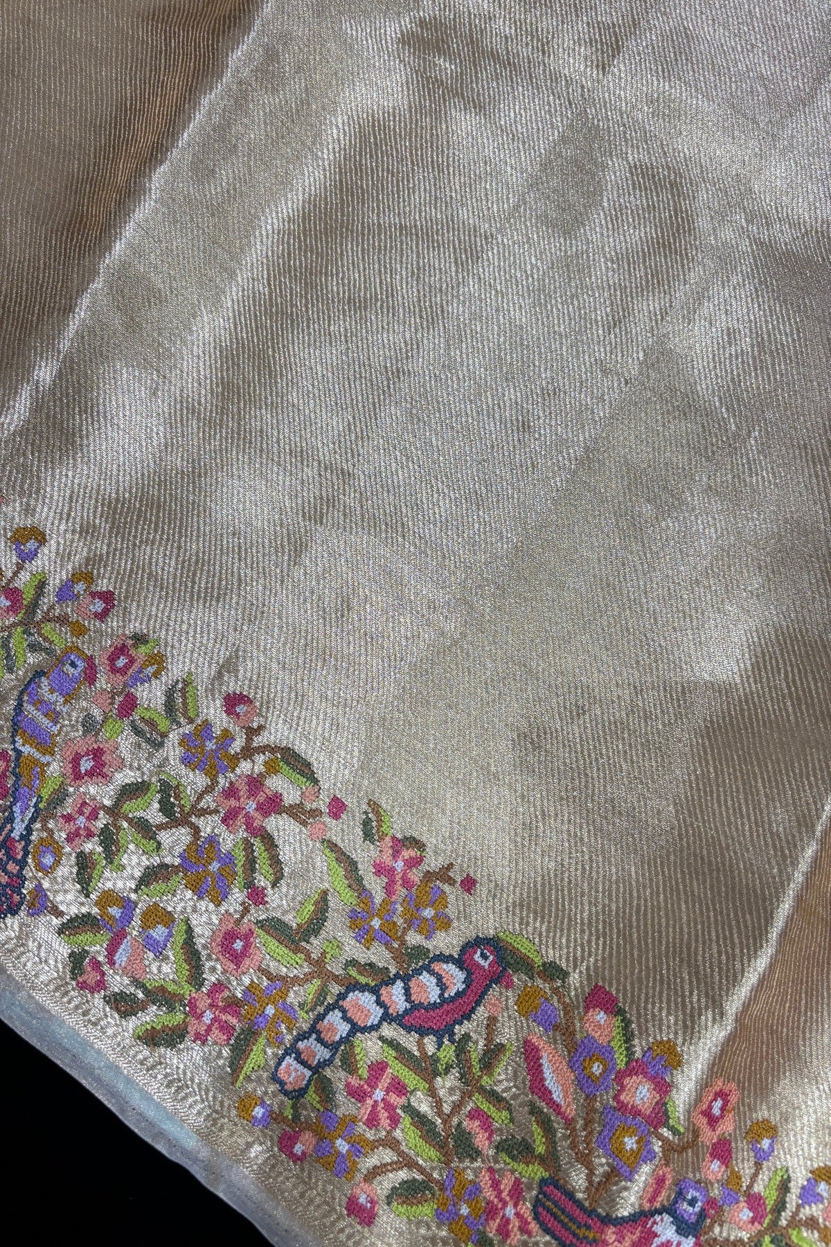 Cross Zari Woven Lines With Parsi Embroidery Golden Pure TIssue Fabric