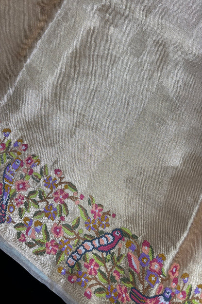 Cross Zari Woven Lines With Parsi Embroidery Golden Pure TIssue Fabric