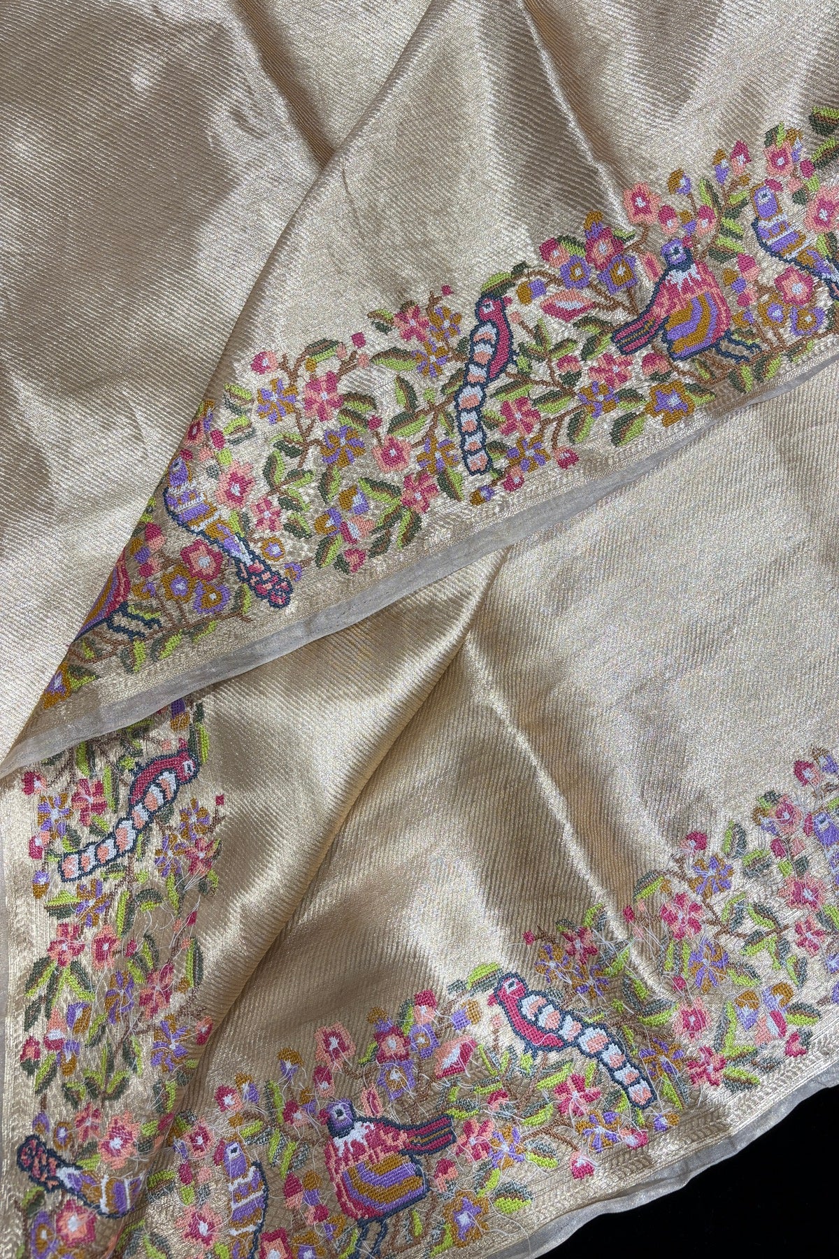 Cross Zari Woven Lines With Parsi Embroidery Golden Pure TIssue Fabric