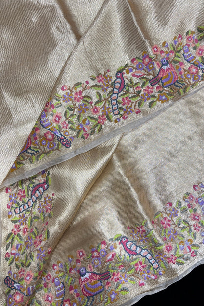 Cross Zari Woven Lines With Parsi Embroidery Golden Pure TIssue Fabric