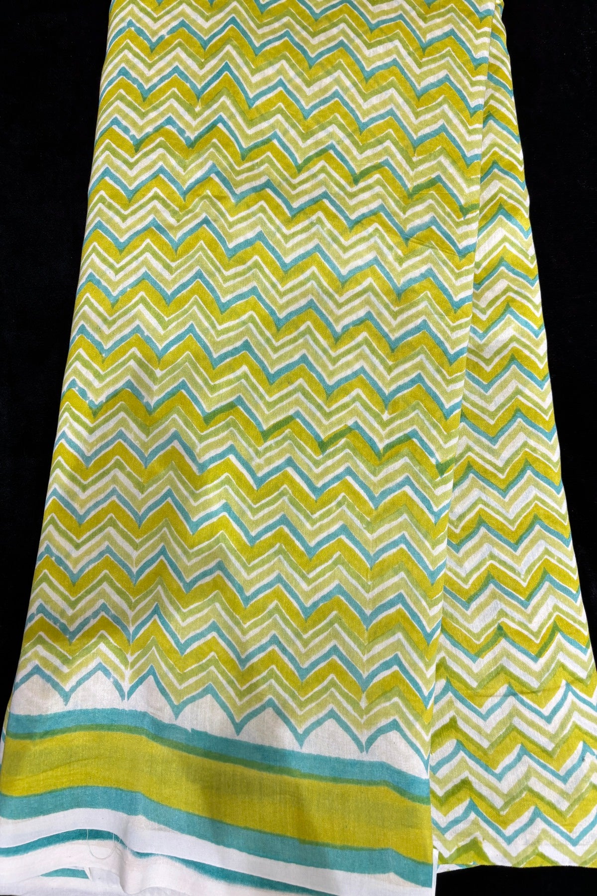 Chevron Patterned Three Shades Block Printed Pure Mul Chanderi Fabric