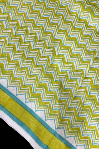 Chevron Patterned Three Shades Block Printed Pure Mul Chanderi Fabric
