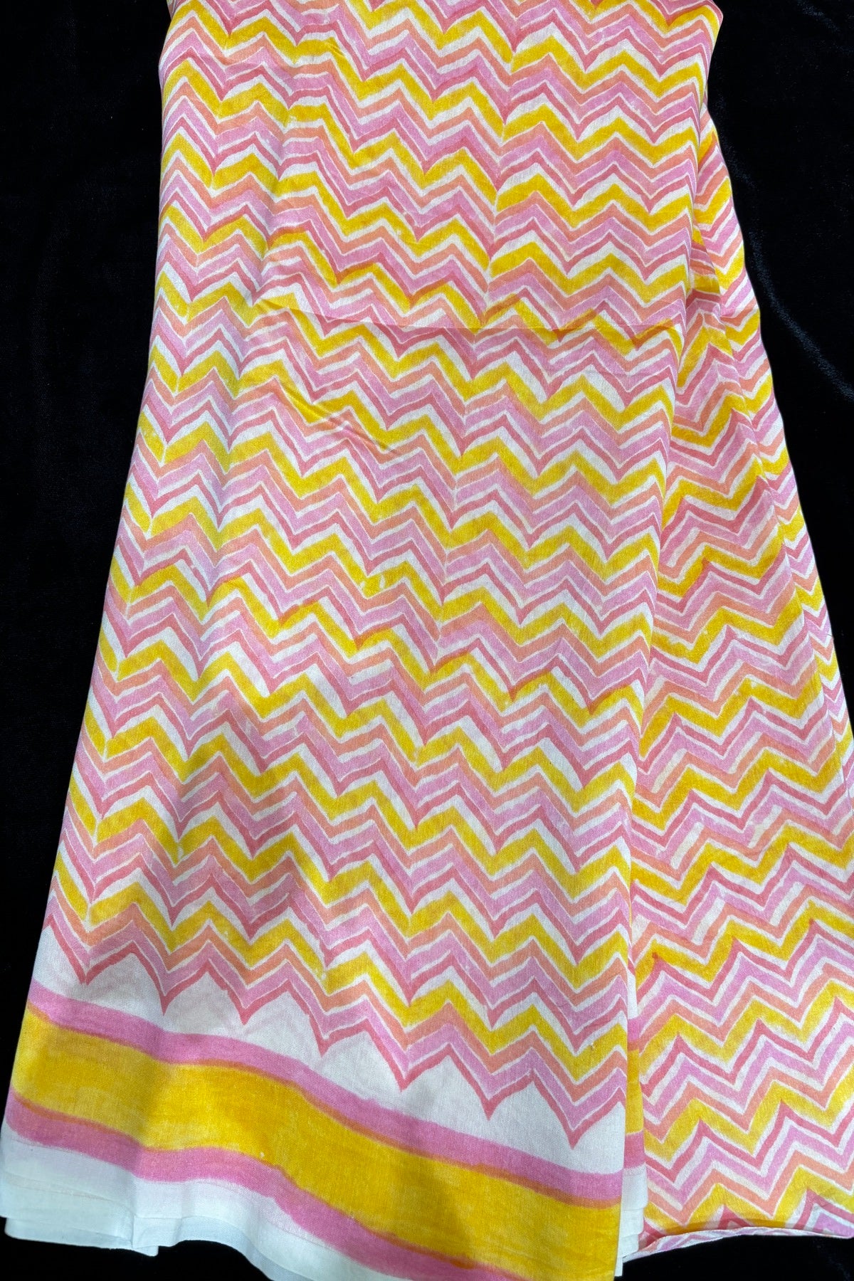Chevron Patterned Three Shades Block Printed Pure Mul Chanderi Fabric