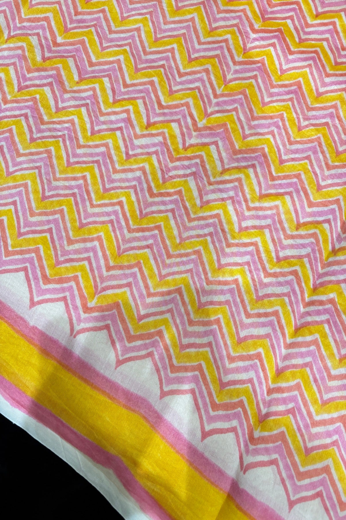 Chevron Patterned Three Shades Block Printed Pure Mul Chanderi Fabric