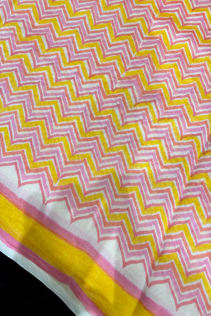 Chevron Patterned Three Shades Block Printed Pure Mul Chanderi Fabric