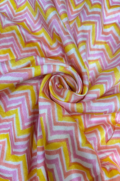 Chevron Patterned Three Shades Block Printed Pure Mul Chanderi Fabric