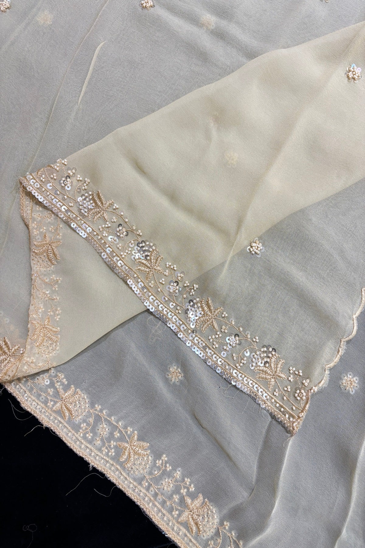 Cut Beads & Sequins Embroidered With Scallop Edged Georgette Dupatta