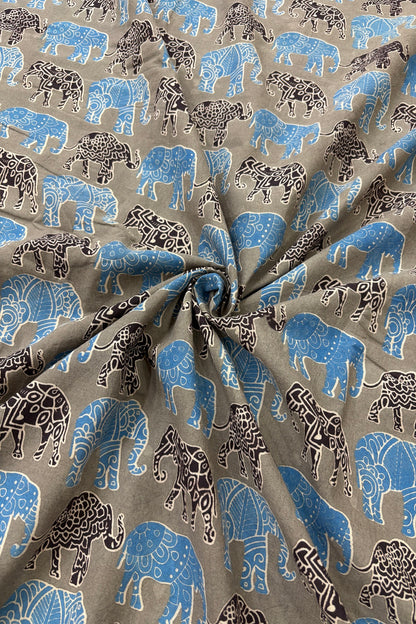 Tusker Elephants Screen Printed Pure Cotton Fabric