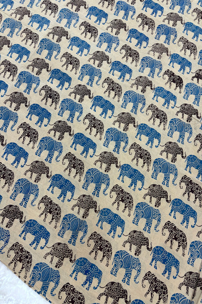 Tusker Elephants Screen Printed Pure Cotton Fabric