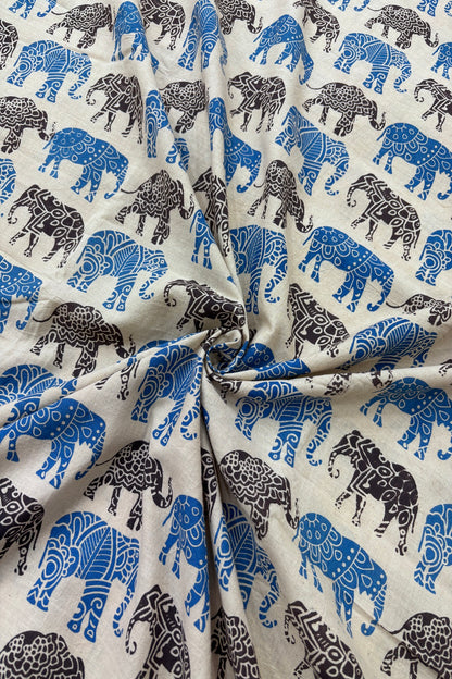 Tusker Elephants Screen Printed Pure Cotton Fabric