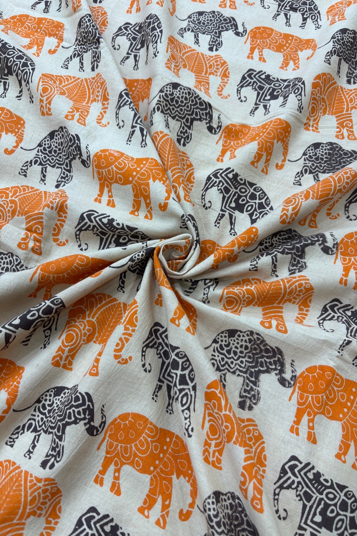 Tusker Elephants Screen Printed Pure Cotton Fabric