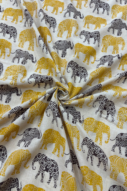 Tusker Elephants Screen Printed Pure Cotton Fabric
