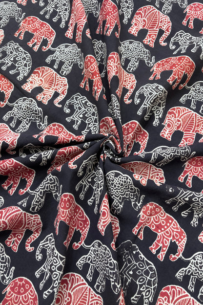 Tusker Elephants Screen Printed Pure Cotton Fabric