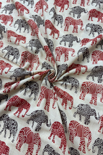 Tusker Elephants Screen Printed Pure Cotton Fabric