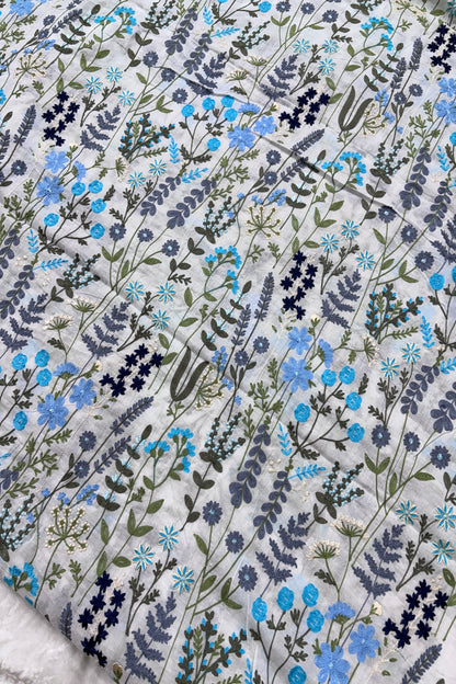 Flora & Fauna Theme Blue Multicolored Threads Embroidered Mul Cotton fabric