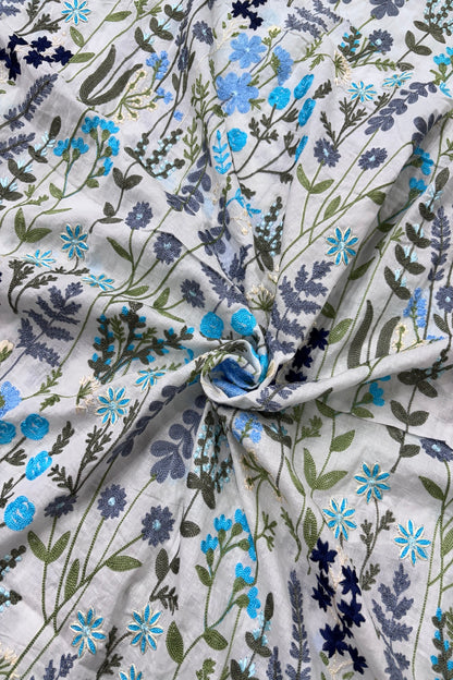 Flora & Fauna Theme Blue Multicolored Threads Embroidered Mul Cotton fabric