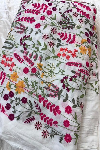 Flora & Fauna Theme Pink Multicolored Threads Embroidered Mul Cotton fabric