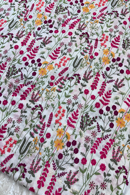 Flora & Fauna Theme Pink Multicolored Threads Embroidered Mul Cotton fabric