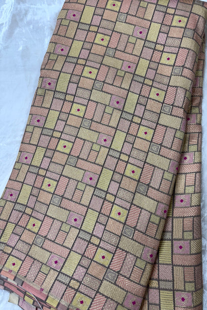 Geometric Rangkat Design Infused Meenakari Flower Motifs On Pure Chiniya Banaras Fabric