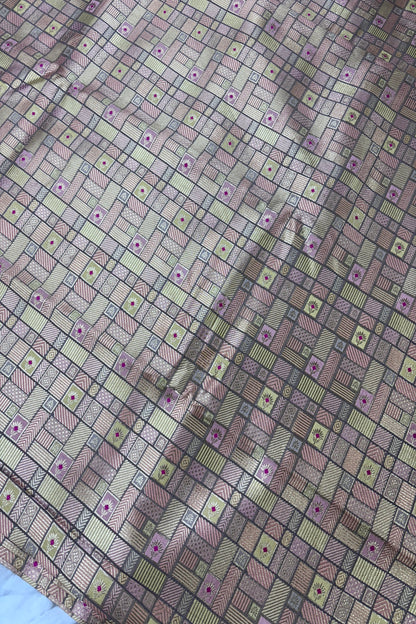 Geometric Rangkat Design Infused Meenakari Flower Motifs On Pure Chiniya Banaras Fabric