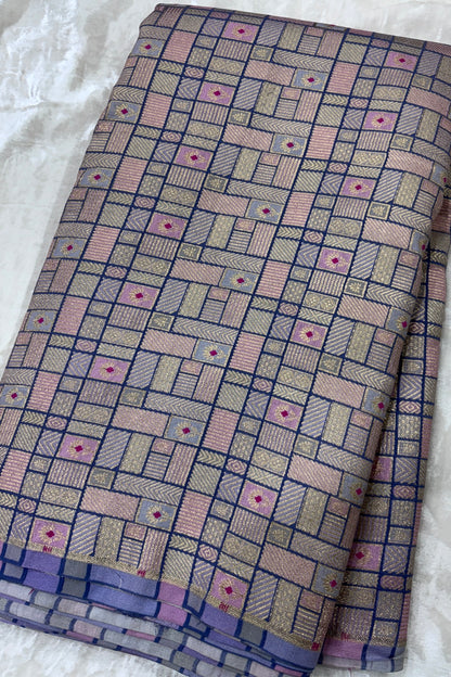 Geometric Rangkat Design Infused Meenakari Flower Motifs On Pure Chiniya Banaras Fabric