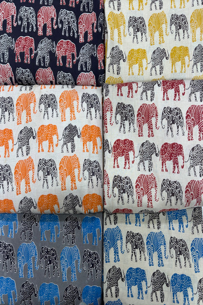 Tusker Elephants Screen Printed Pure Cotton Fabric