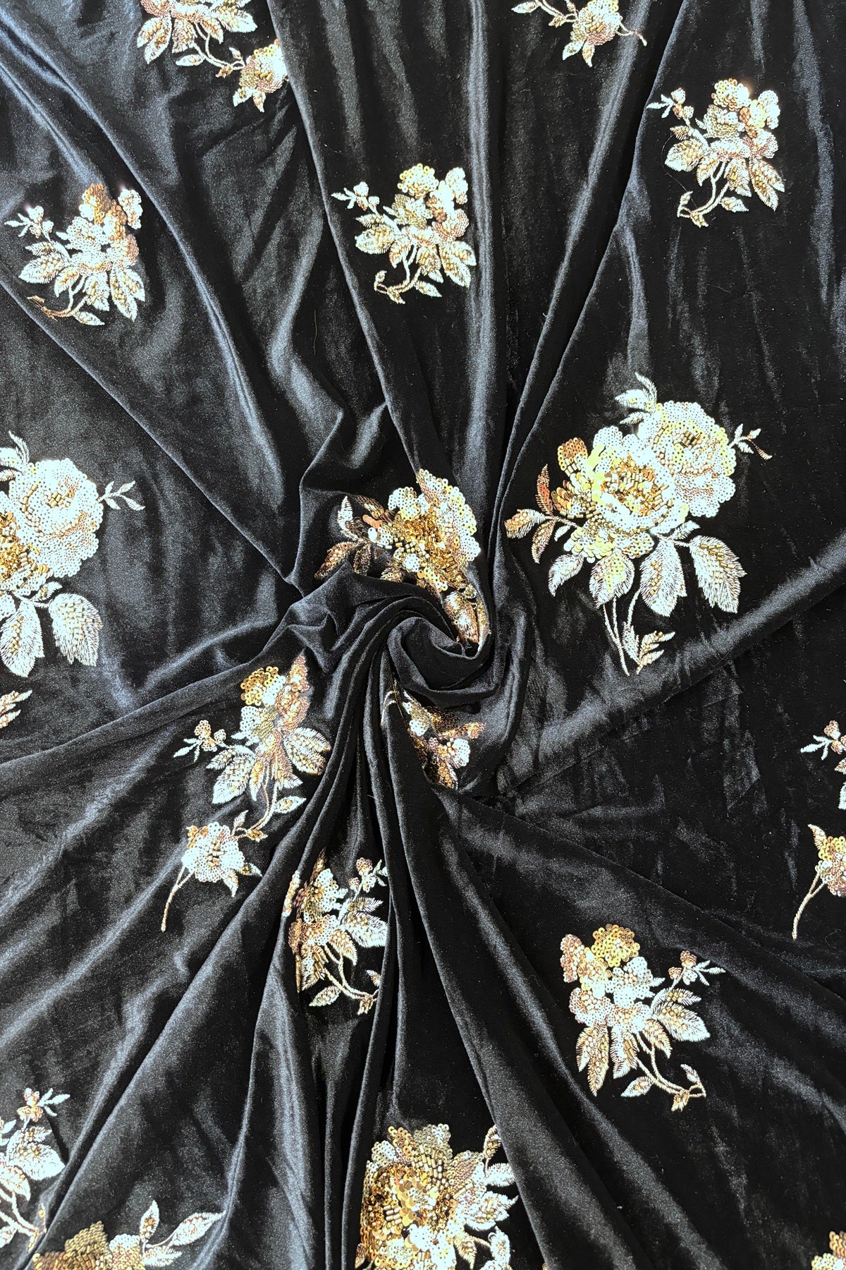 Golden Antique Rose Floral Bunches Embroidered With Sequins & Cut Beads Black Velvet Fabric