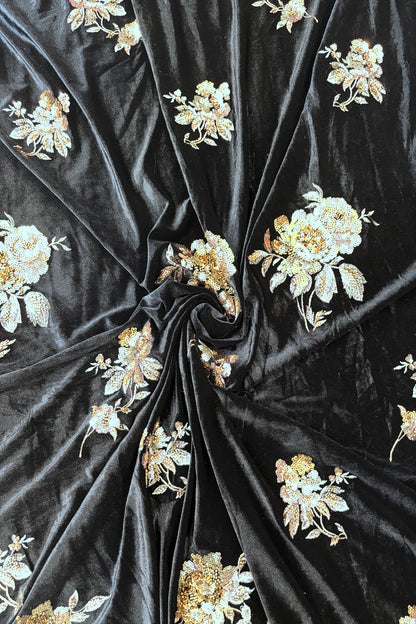 Golden Antique Rose Floral Bunches Embroidered With Sequins & Cut Beads Black Velvet Fabric