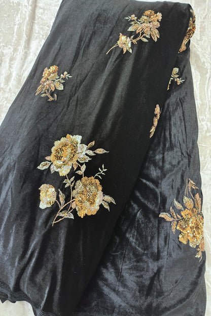 Golden Antique Rose Floral Bunches Embroidered With Sequins & Cut Beads Black Velvet Fabric