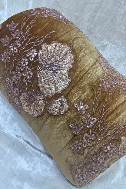 Muted Gold Velvet Fabric Embroidered Floral Bunches With Rose Gold Sequins & Cutbeads