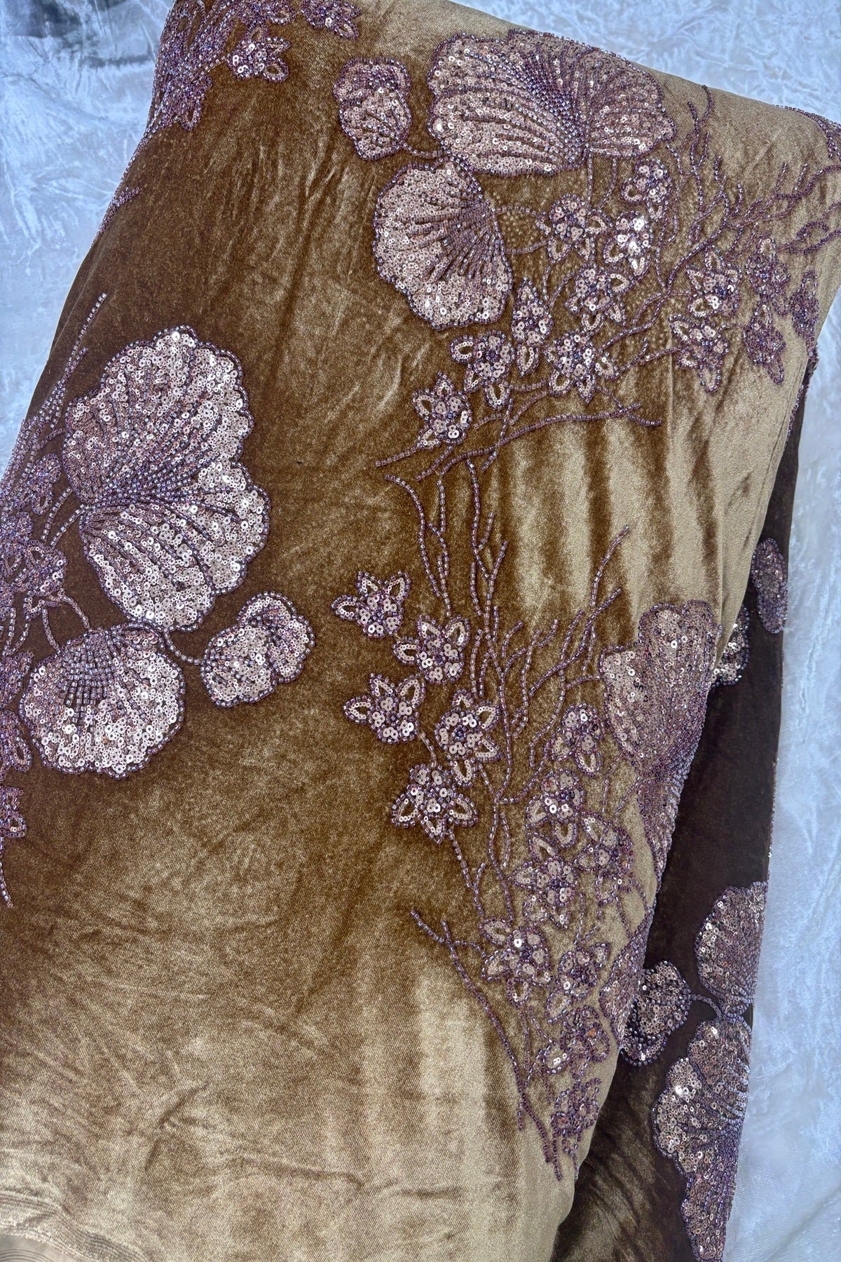 Muted Gold Velvet Fabric Embroidered Floral Bunches With Rose Gold Sequins & Cutbeads