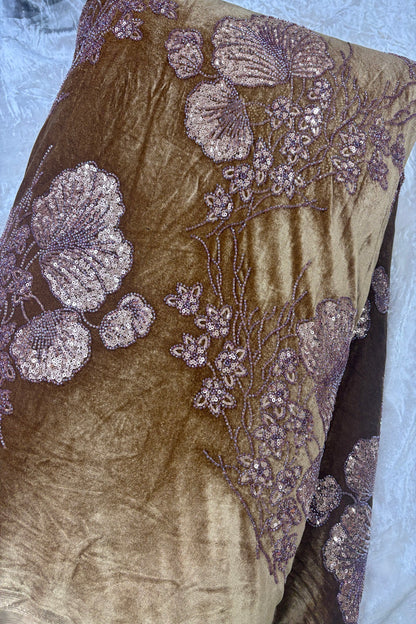 Muted Gold Velvet Fabric Embroidered Floral Bunches With Rose Gold Sequins & Cutbeads