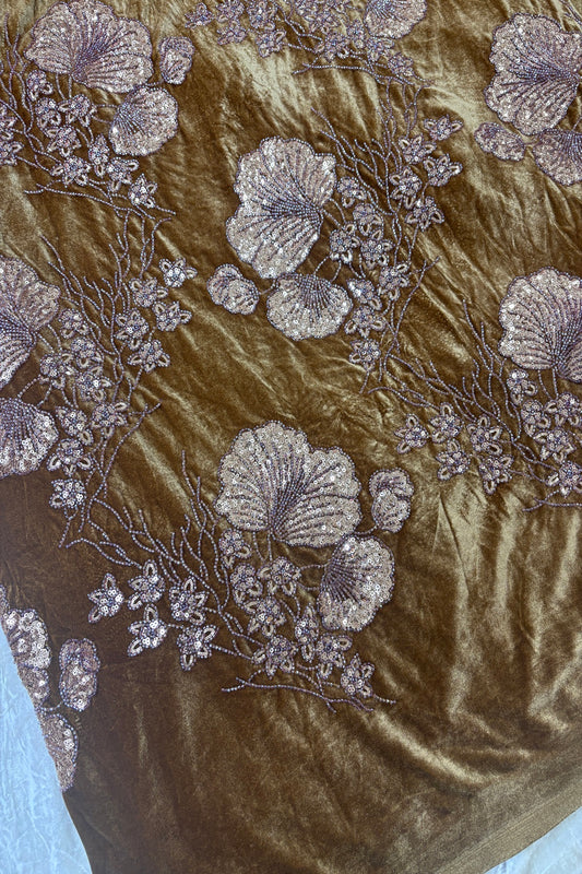 Muted Gold Velvet Fabric Embroidered Floral Bunches With Rose Gold Sequins & Cutbeads
