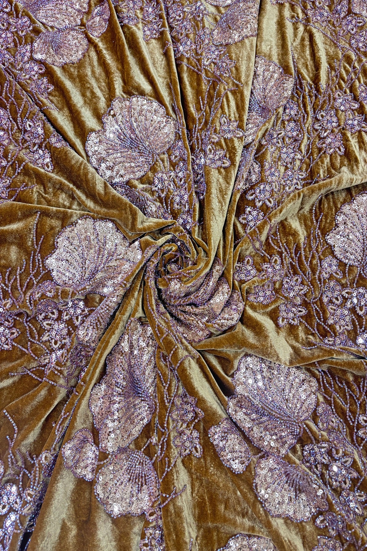 Muted Gold Velvet Fabric Embroidered Floral Bunches With Rose Gold Sequins & Cutbeads