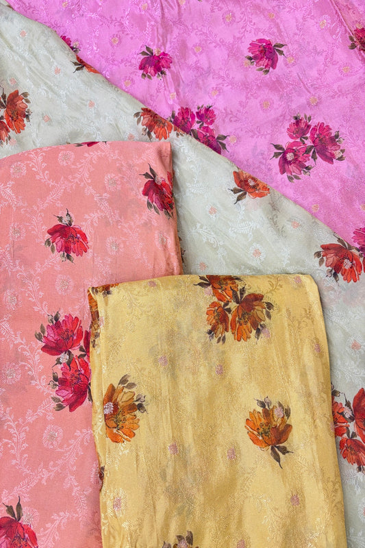 Floral Printed Self Jacquard & Zari Butties Woven Uppada Tissue Falling Silk Fabric