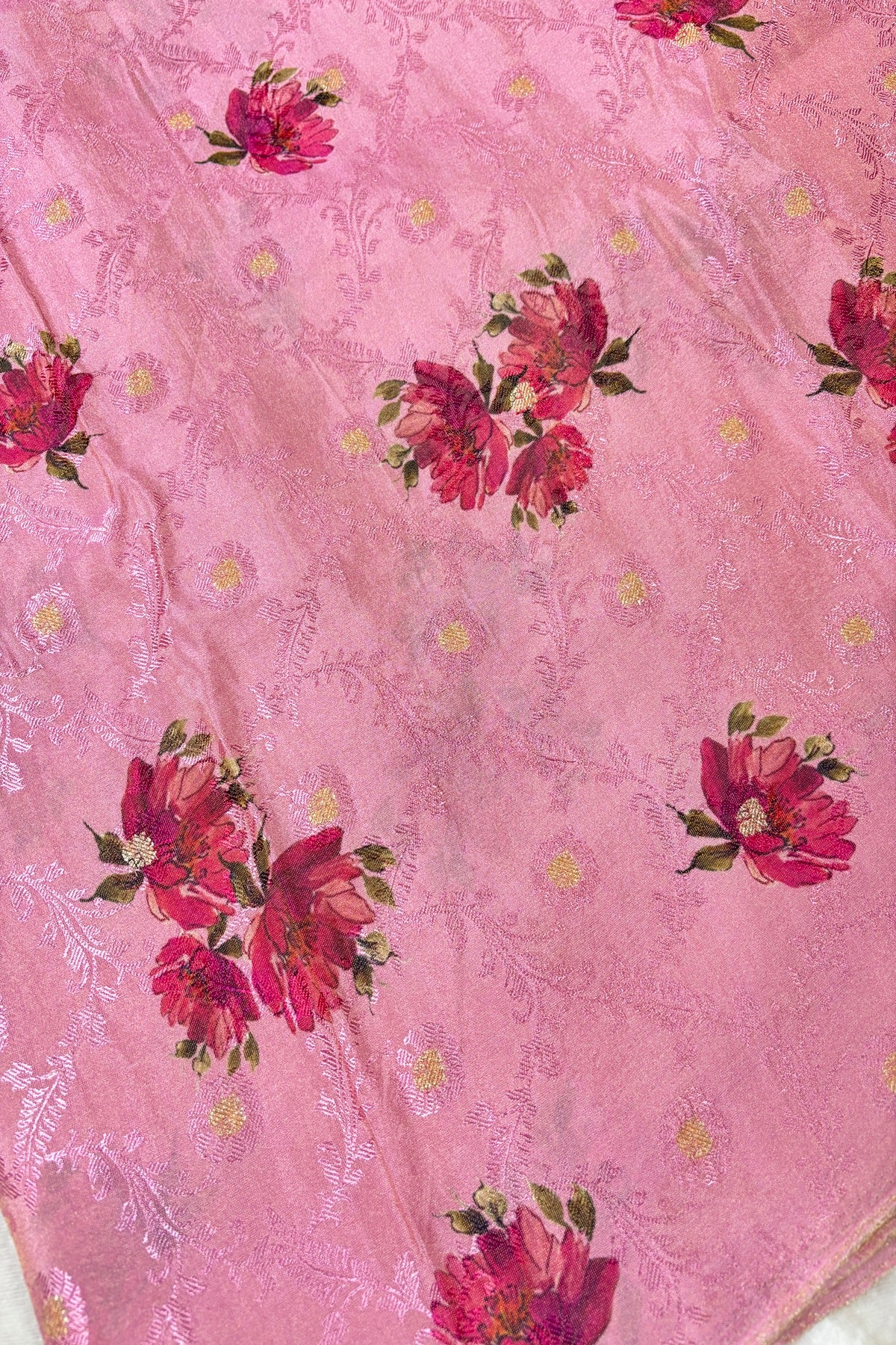 Floral Printed Self Jacquard & Zari Butties Woven Uppada Tissue Falling Silk Fabric
