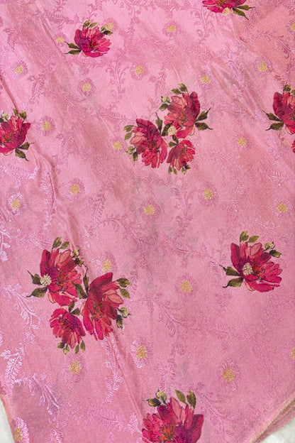 Floral Printed Self Jacquard & Zari Butties Woven Uppada Tissue Falling Silk Fabric