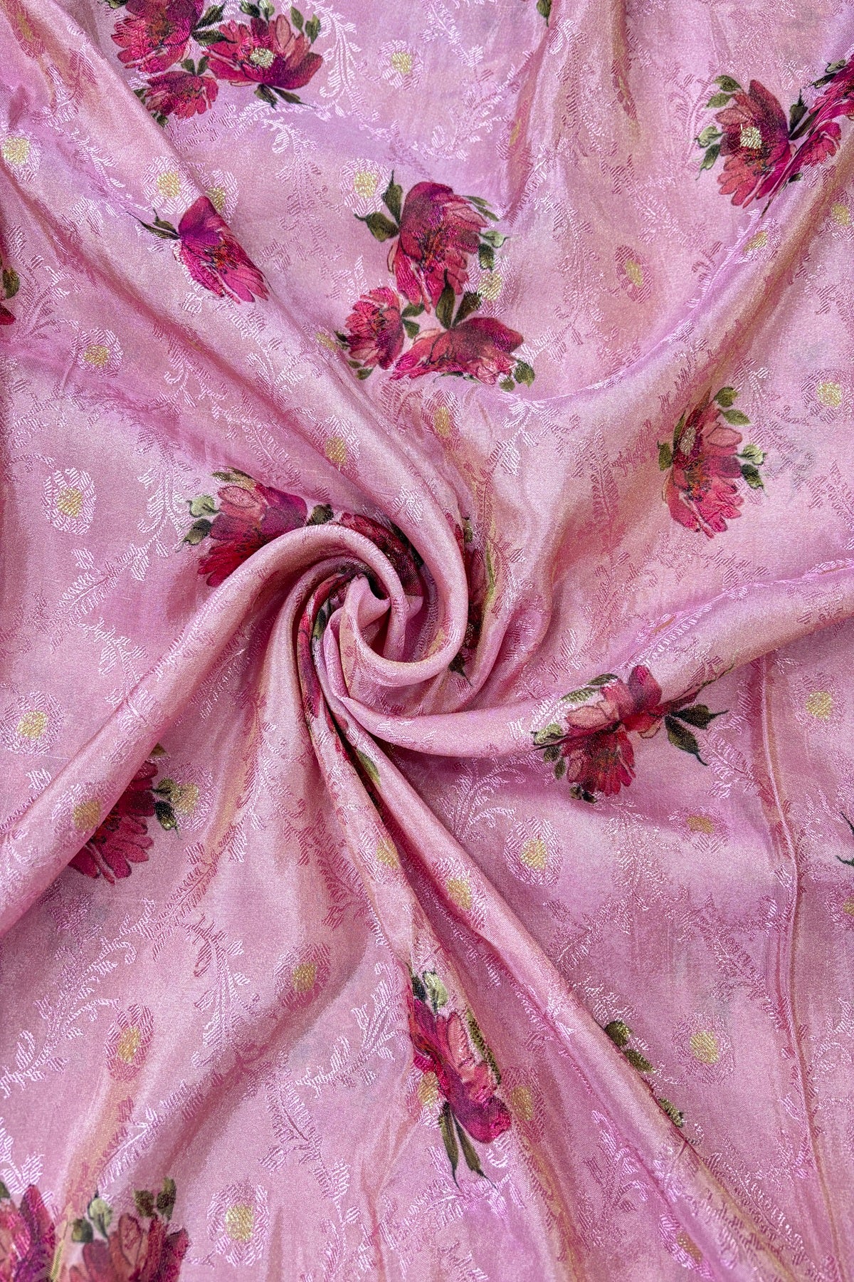 Floral Printed Self Jacquard & Zari Butties Woven Uppada Tissue Falling Silk Fabric