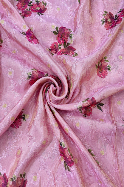Floral Printed Self Jacquard & Zari Butties Woven Uppada Tissue Falling Silk Fabric