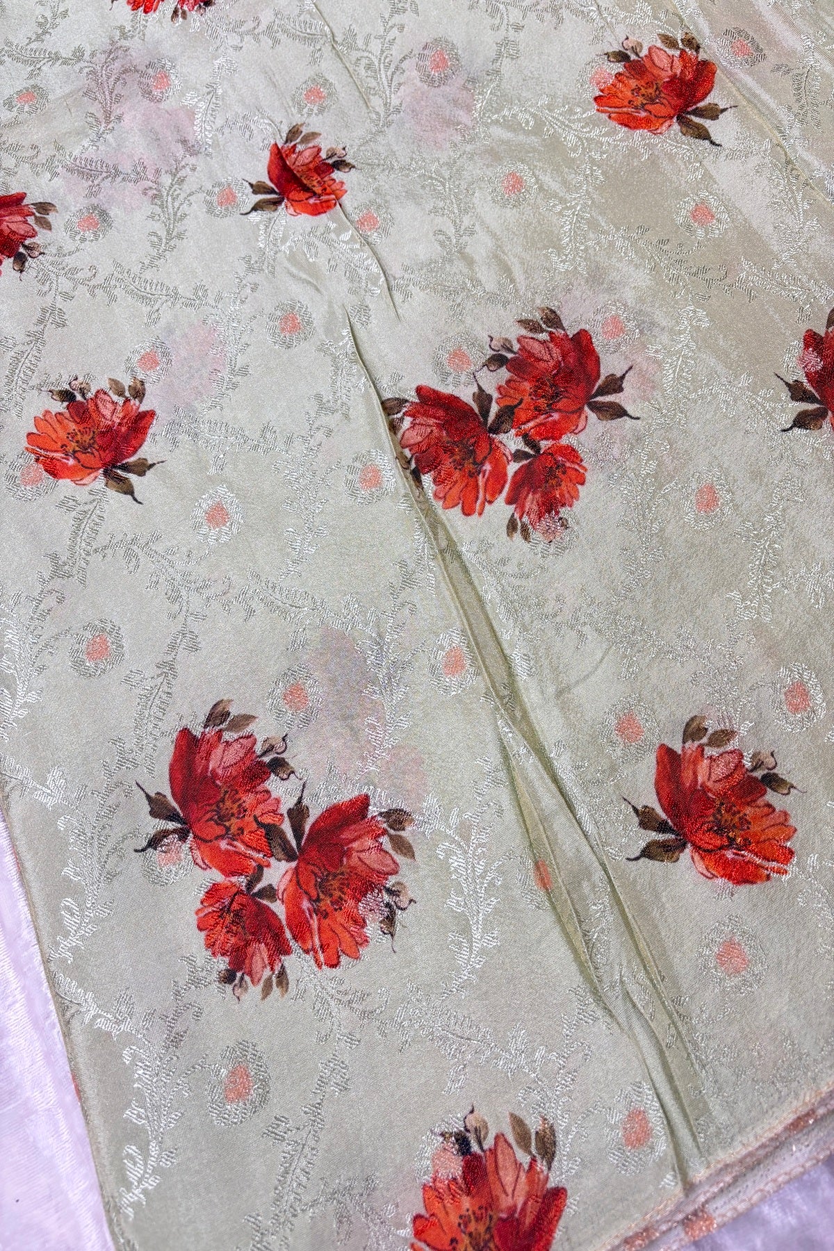 Floral Printed Self Jacquard & Zari Butties Woven Uppada Tissue Falling Silk Fabric