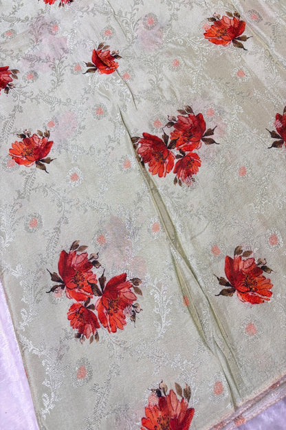Floral Printed Self Jacquard & Zari Butties Woven Uppada Tissue Falling Silk Fabric
