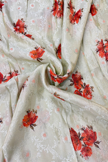 Floral Printed Self Jacquard & Zari Butties Woven Uppada Tissue Falling Silk Fabric