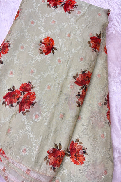 Floral Printed Self Jacquard & Zari Butties Woven Uppada Tissue Falling Silk Fabric