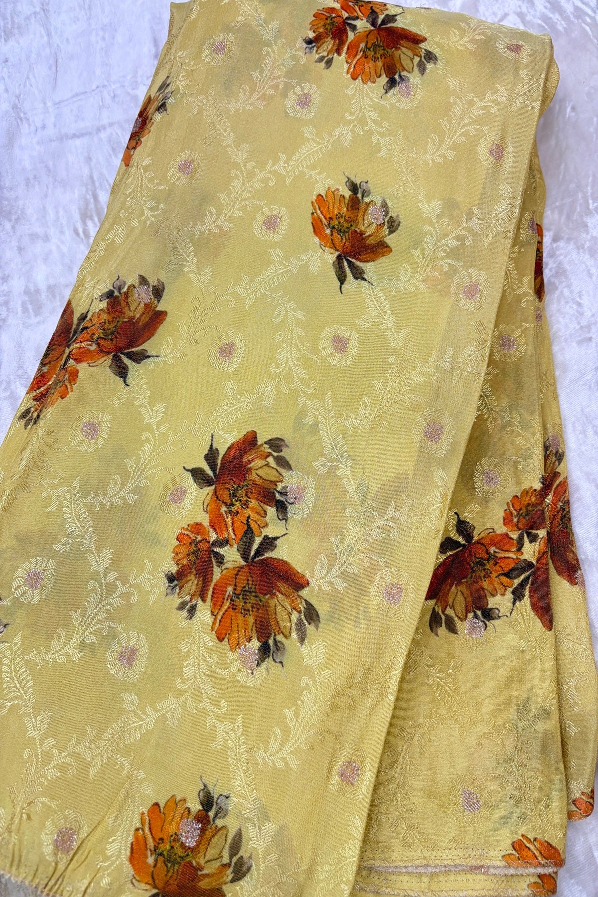 Floral Printed Self Jacquard & Zari Butties Woven Uppada Tissue Falling Silk Fabric