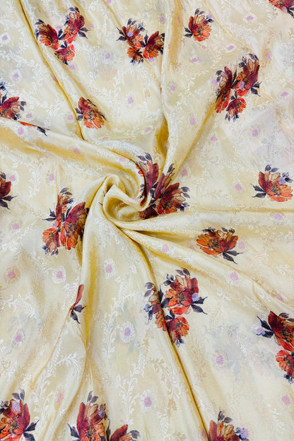 Floral Printed Self Jacquard & Zari Butties Woven Uppada Tissue Falling Silk Fabric