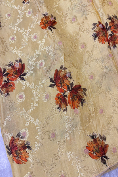 Floral Printed Self Jacquard & Zari Butties Woven Uppada Tissue Falling Silk Fabric
