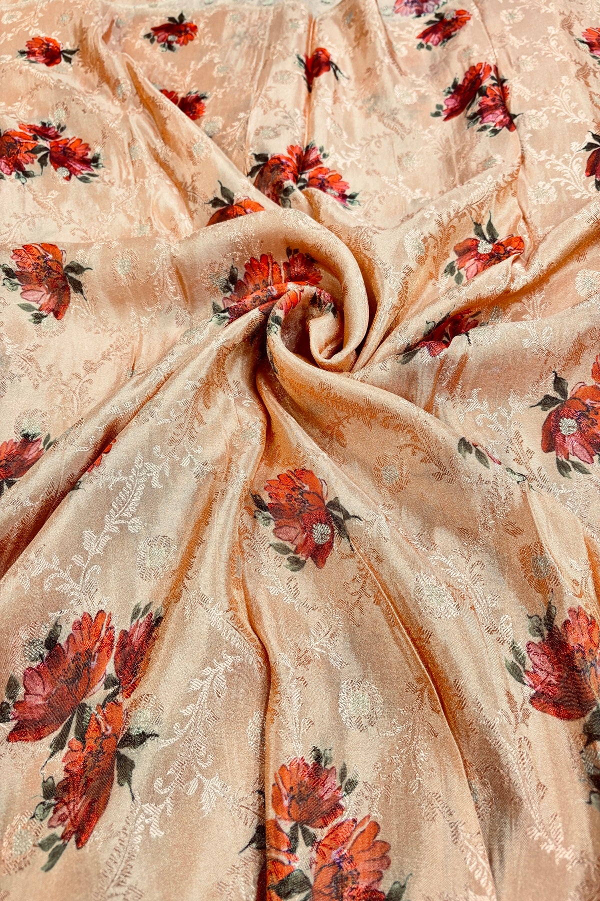 Floral Printed Self Jacquard & Zari Butties Woven Uppada Tissue Falling Silk Fabric