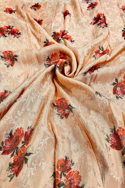 Floral Printed Self Jacquard & Zari Butties Woven Uppada Tissue Falling Silk Fabric