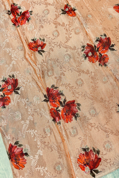 Floral Printed Self Jacquard & Zari Butties Woven Uppada Tissue Falling Silk Fabric