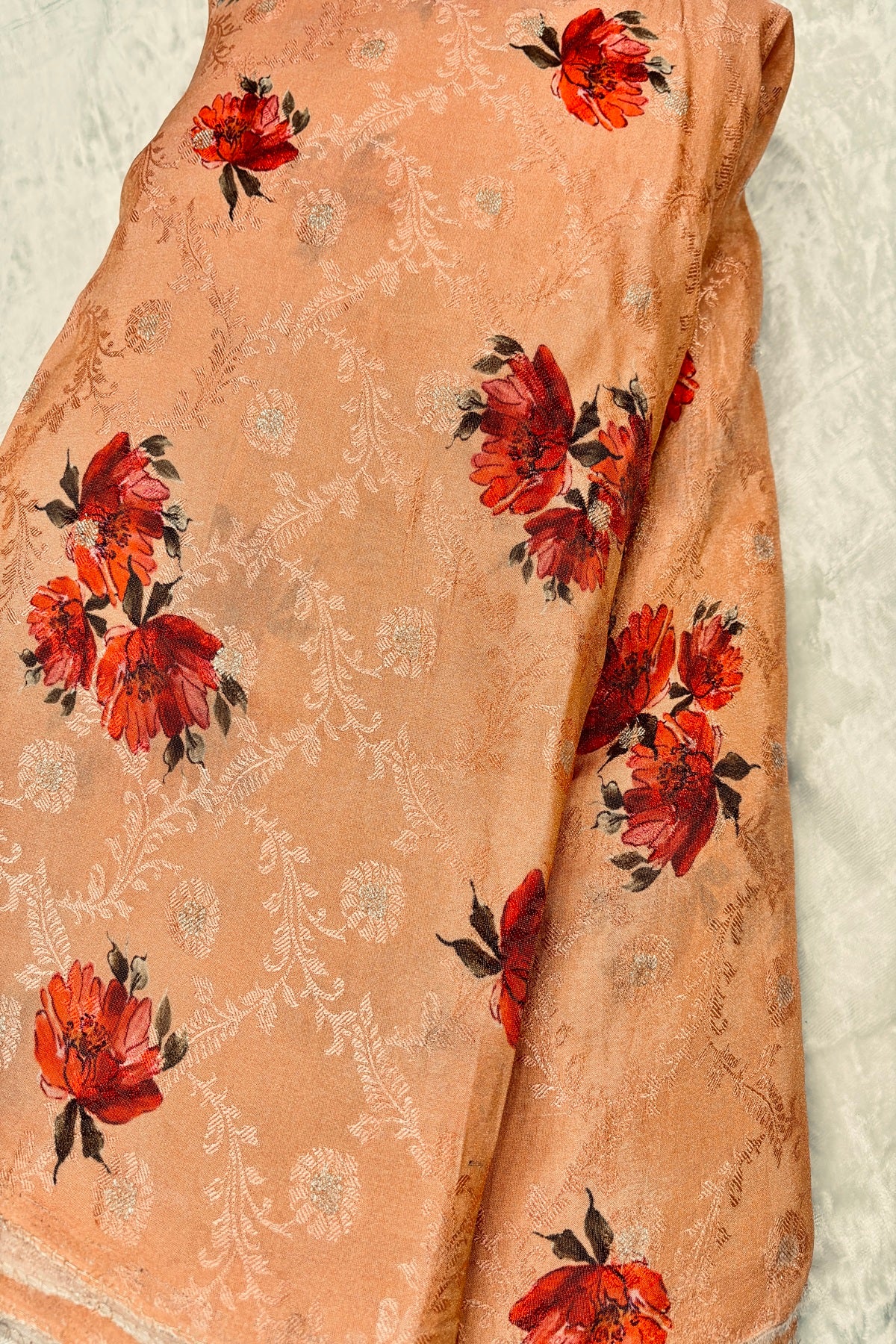 Floral Printed Self Jacquard & Zari Butties Woven Uppada Tissue Falling Silk Fabric
